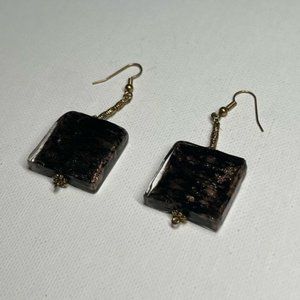 VINTAGE Red And Black Square Tourmaline Earrings With Gold tone Hooks